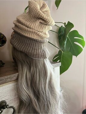 Classic Two-Tone Beige Slouchy Beanie with Long Ash Blonde Hairpiece